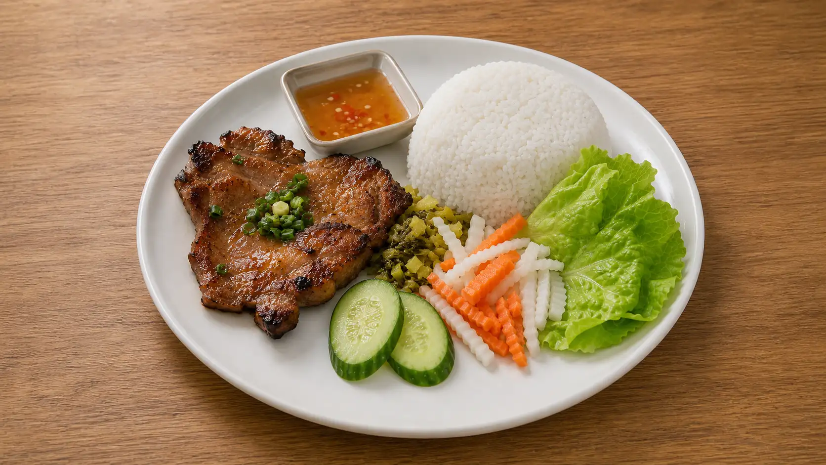 A grilled pork chop rice plate with lettuce, cucumber, pickled vegetables and dipping sauce.