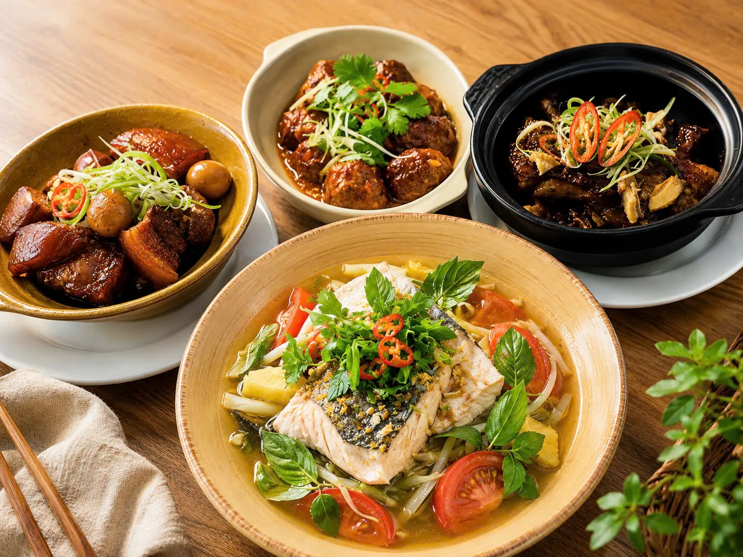 A selection of Vietnamese dishes arranged together on a table.