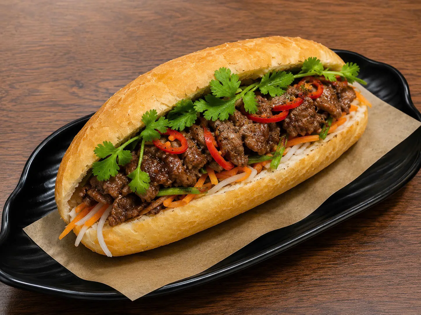 A bánh mì filled with stir-fried beef, pickled vegetables, coriander and sliced chilli.
